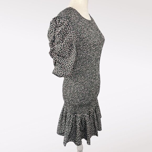 French Connection Smocked Puff Sleeve Floral Crepe Mini Dress Black Pink XS - Picture 7 of 11